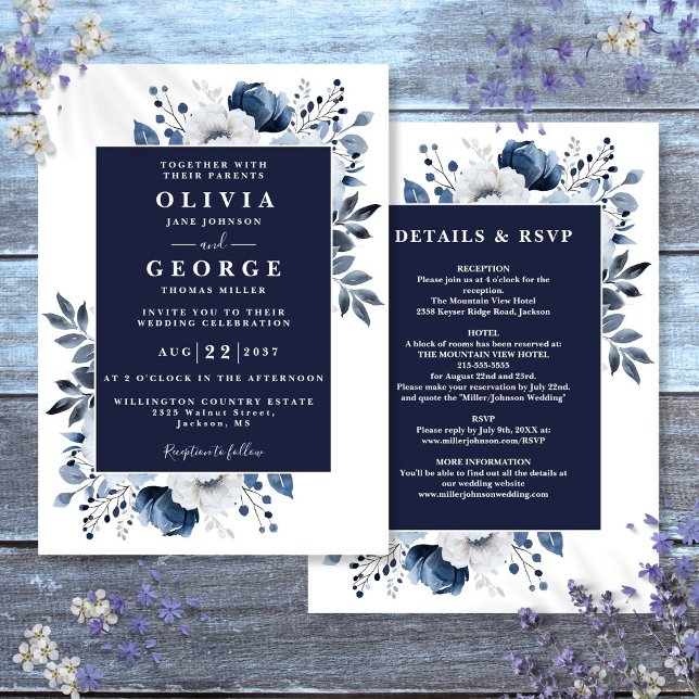 Convite Casamento Azul Marinho Elegante Floral Completo (Navy Blue Elegant Floral All In One Wedding Invitation)