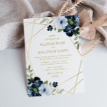 Convite casamento azul-marinho floral geométrico<br><div class="desc">Design de quadro geométrico e flores a aquarelas com características editáveis como texto,  cores,  texto,  tipo de papel e tamanho de papel.</div>