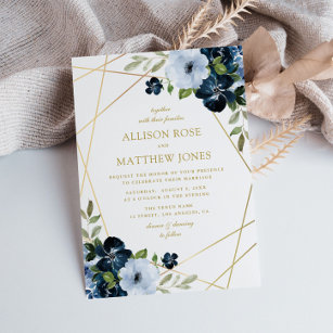 Convite casamento azul-marinho floral geométrico