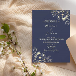 Convite Casamento Azul Marinho Floral Ouro Elegante