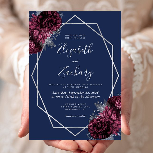 Convite Casamento Azul Marinho Floral Prata Borgonha (Criador carregado)