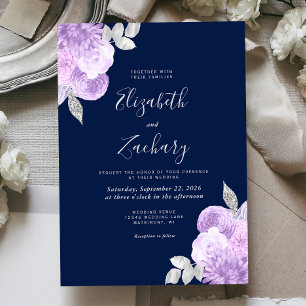 Convite Casamento Azul Marinho Floral Prata Lilás