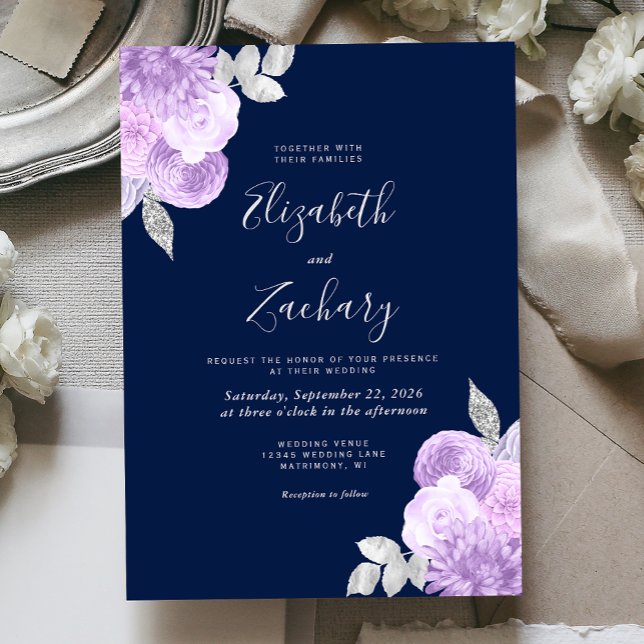 Convite Casamento Azul Marinho Floral Prata Lilás (Criador carregado)