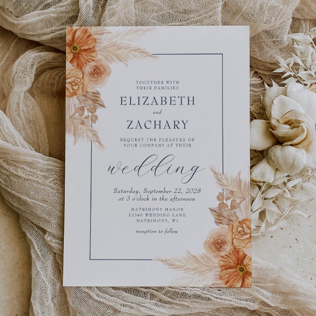 Convite Casamento Azul Marinho Floral Seco Boho (Criador carregado)