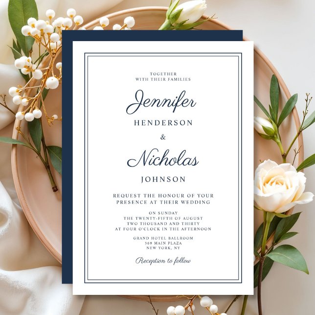 Convite Casamento Azul Marinho Formal Elegante  (Elegant Formal Navy Blue Wedding Invitation)