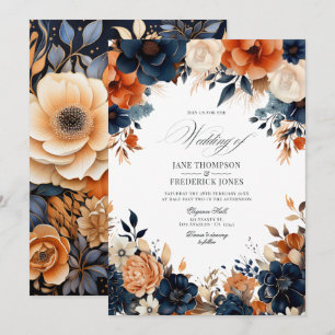 Convite Casamento Azul Marinho, Laranja Queimado e Champan