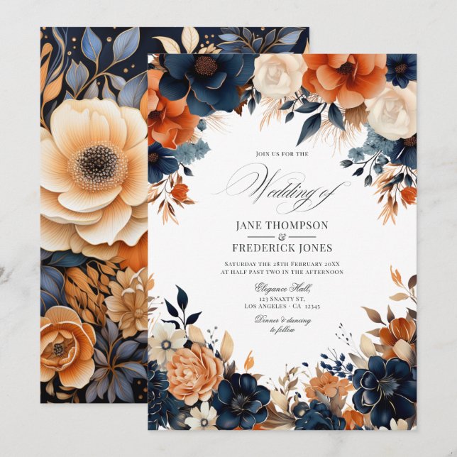 Convite Casamento Azul Marinho, Laranja Queimado e Champan (Frente/Verso)