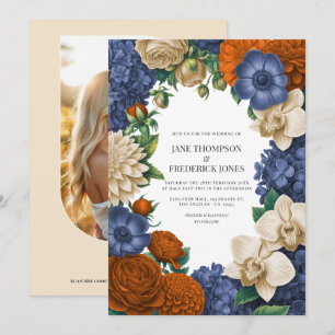 Convite Casamento Azul Marinho, Laranja Queimado e Champan