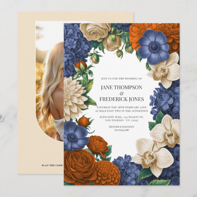 Convite Casamento Azul Marinho, Laranja Queimado e Champan (Frente/Verso)