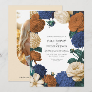 Convite Casamento Azul Marinho, Laranja Queimado e Champan