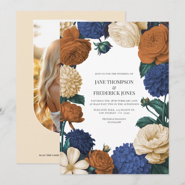 Convite Casamento Azul Marinho, Laranja Queimado e Champan (Frente/Verso)