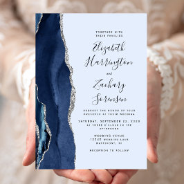Convite Casamento Azul Marinho Moderno e Ágata Prata Azul