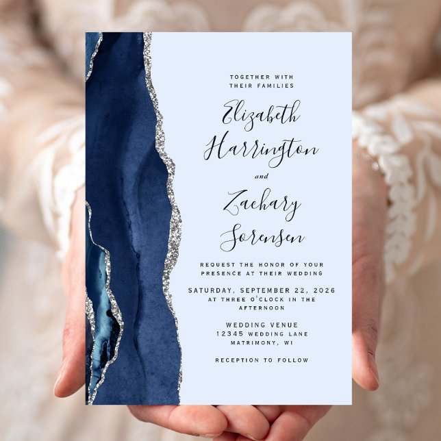Convite Casamento Azul Marinho Moderno e Ágata Prata Azul  (Criador carregado)