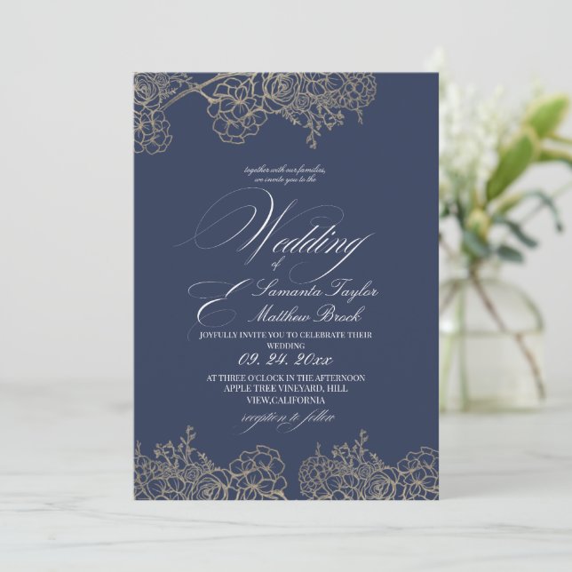 Convite Casamento Azul Marinho Moderno e Elegante (Em pé/Frente)