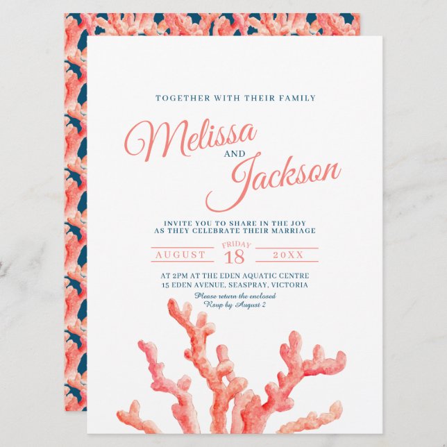 Convite Casamento azul marinho pintura de cor d'água (Frente/Verso)