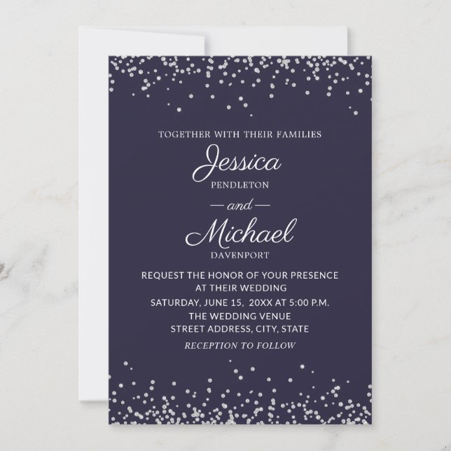 Convite Casamento Azul Marinho Prateado Glitter Moderno e  (Frente)
