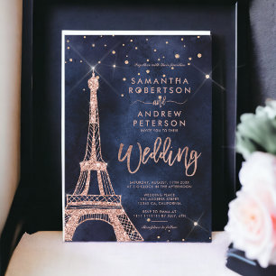 Convite Casamento azul-marinho rosa da torre Eiffel