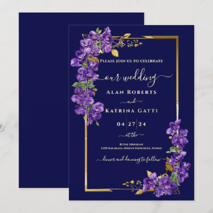 Convite Casamento Azul Marinho Roxo Violetas Moldura Doura