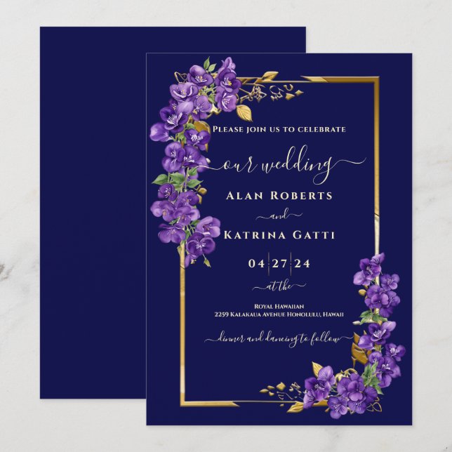 Convite Casamento Azul Marinho Roxo Violetas Moldura Doura (Frente/Verso)