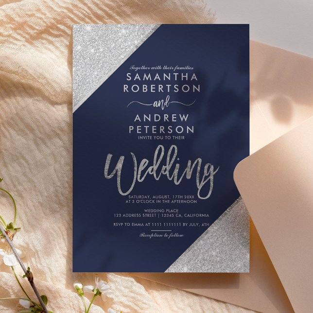 Convite Casamento azul marinho tipografia brilho prateado  (Criador carregado)