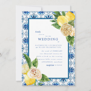 Convite Casamento Azul Mediterrâneo Tropical e Limões Matt