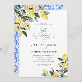 Convite casamento azul-mediterrânico com limão