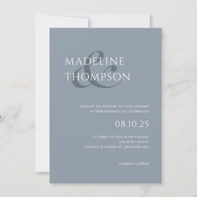 Convite Casamento Azul Mínimo Moderno Ampersand Pale (Frente)