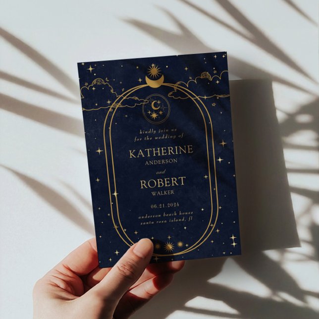 Convite Casamento Azul Místico Celestial Dourado Lua Escur (Criador carregado)