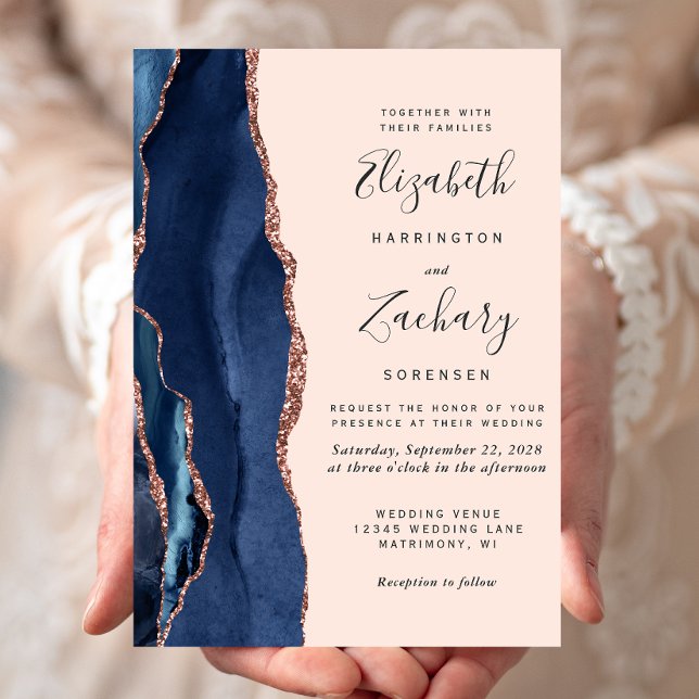 Convite Casamento Azul Moderno Ágata Rosa Dourado Rubor (Criador carregado)