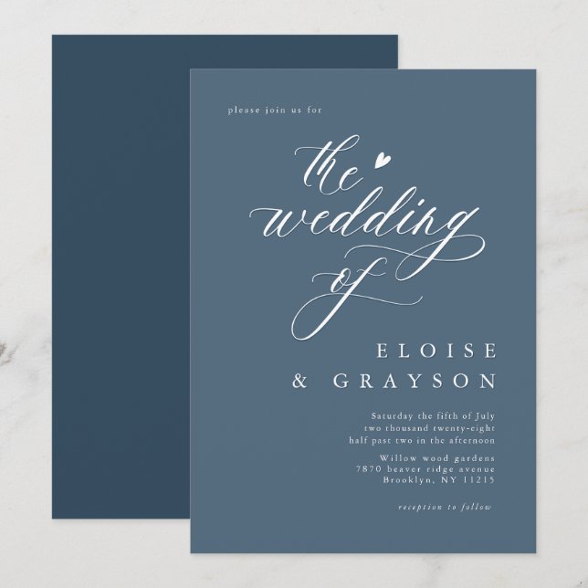 Convite Casamento Azul Moderno e Minimalista Simples (Frente/Verso)