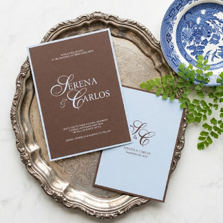 Convite Casamento Azul Moderno em Pó Marrom Chocolate