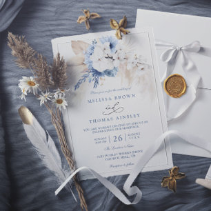Convite Casamento Azul Moderno Floral Botânico Boho Elegan