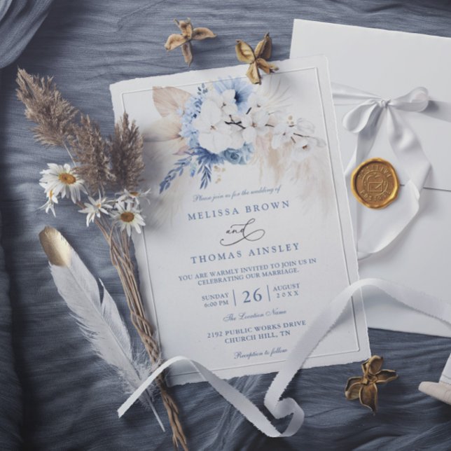 Convite Casamento Azul Moderno Floral Botânico Boho Elegan (Criador carregado)