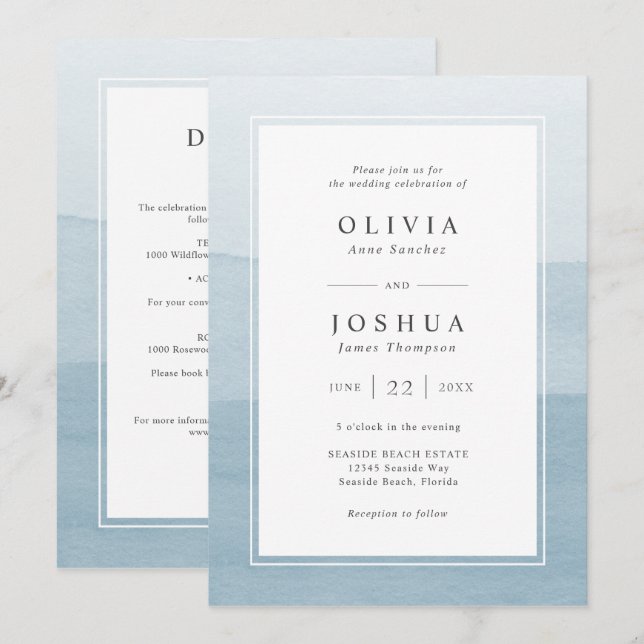 Convite Casamento Azul Moderno Tudo Em Um (Frente/Verso)