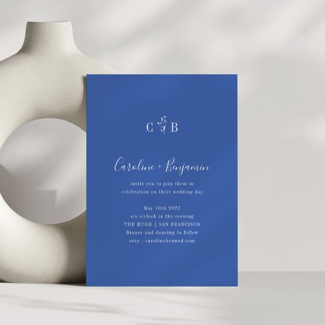 Convite Casamento Azul Monograma Minimalista Simples (Criador carregado)