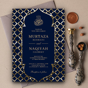 Convite Casamento Azul Muçulmano com Quadro Dourado Antiq