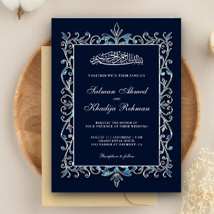 Convite Casamento Azul Muçulmano Ornamentado Real