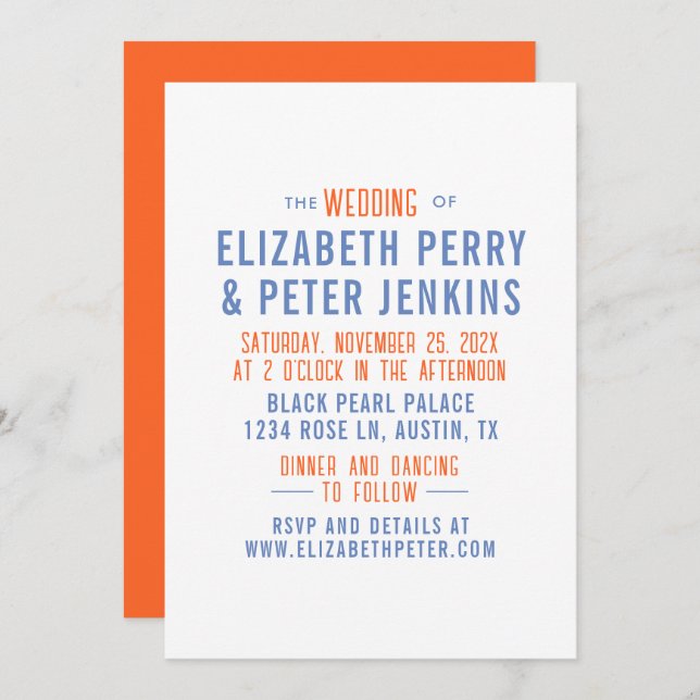 Convite Casamento Azul na moda Retro Laranja (Frente/Verso)