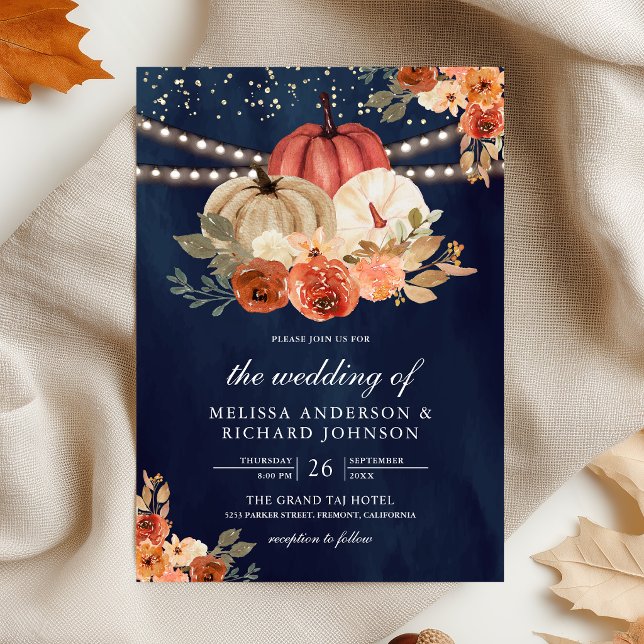 Convite Casamento Azul Naval Abóbora Floral Laranja Queima (Criador carregado)