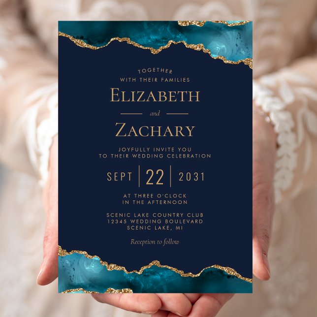 Convite Casamento Azul Naval Ágata Dourada Teal Clássico (Criador carregado)
