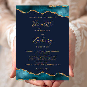 Convite Casamento Azul Naval Ágata Dourada Teal Moderna