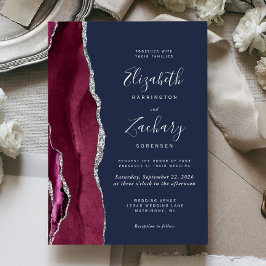 Convite Casamento Azul Naval Ágata Prata Borgonha Moderno