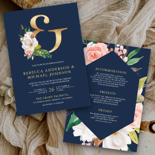 Convite Casamento Azul Naval Ampersand Dourado Floral Magn