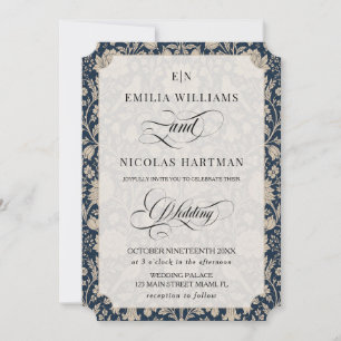 Convite Casamento Azul Naval Art Nouveau