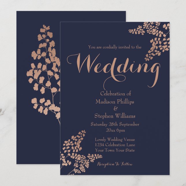 Convite Casamento Azul Naval Botânico e Dourado Rosa (Frente/Verso)
