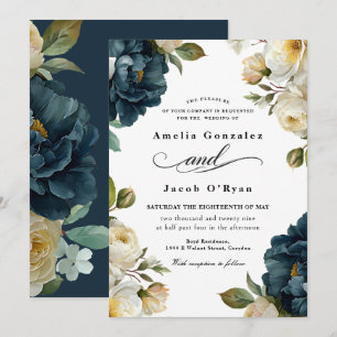 Convite Casamento Azul Naval Botânico Elegante