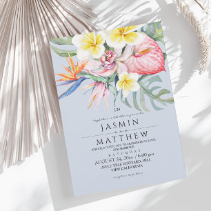 Convite Casamento Azul Naval Botânico Floral Tropical