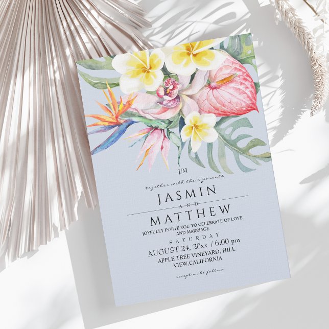 Convite Casamento Azul Naval Botânico Floral Tropical  (Criador carregado)