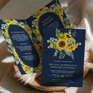 Convite Casamento Azul Naval Código QR Girassóis Eucalipto