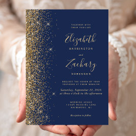 Convite Casamento Azul Naval Dourado Moderno com Brilho Fa